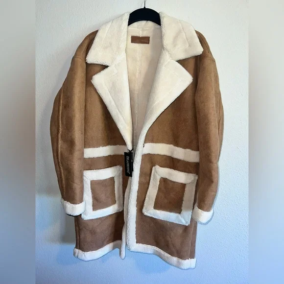 Blank NYC Feels Natural Tan Faux Fur Coat Sherpa Lined - Picture 6 of 9